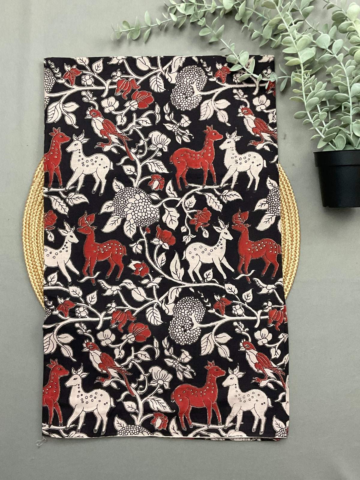 Black Kalamkari printed dupatta for red ikkat dress material