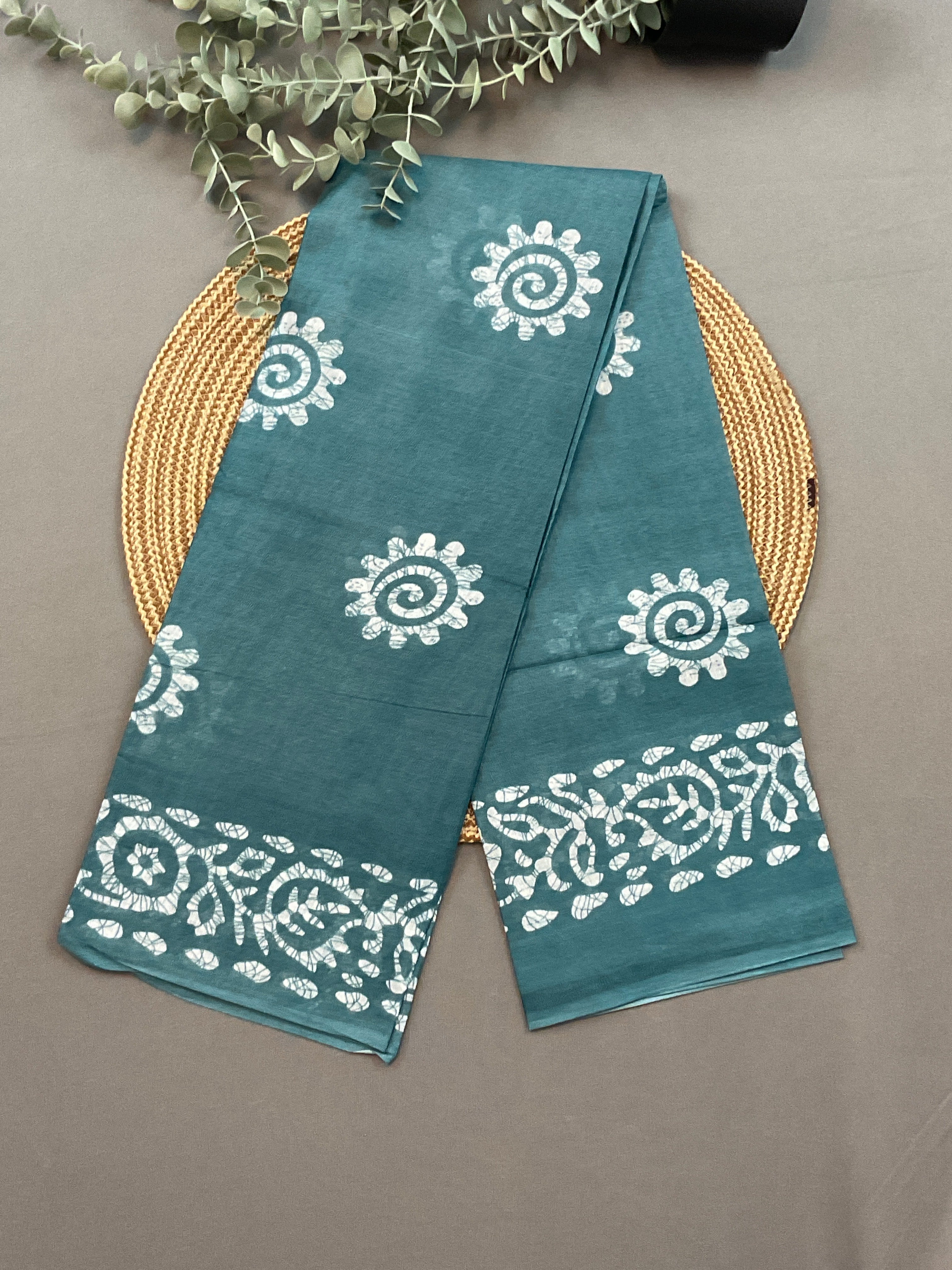 Sky Blue Hand Batik Print Cotton Dress Material – Unstitched 3-Piece Suit