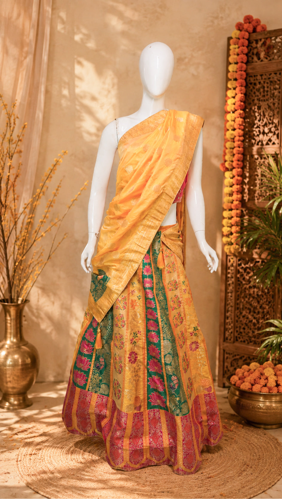A white mannequin displays a traditional Indian Lehenga with a golden-yellow body, green and pink floral patterns, and a matching yellow border, set against a warm, rustic background with decorative garlands and a brass vase.