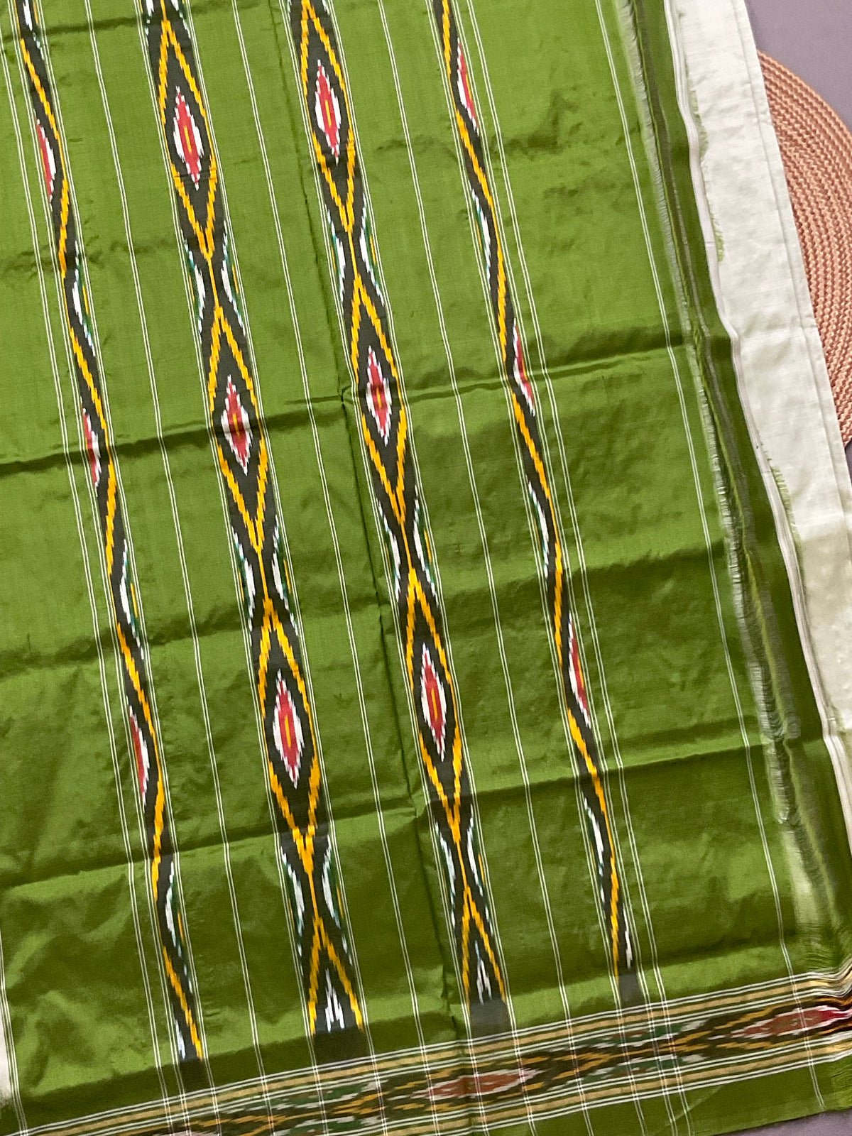 Light Green & Olive Pochampally Ikat Silk Saree — Patola Border & Pallu, Without Blouse