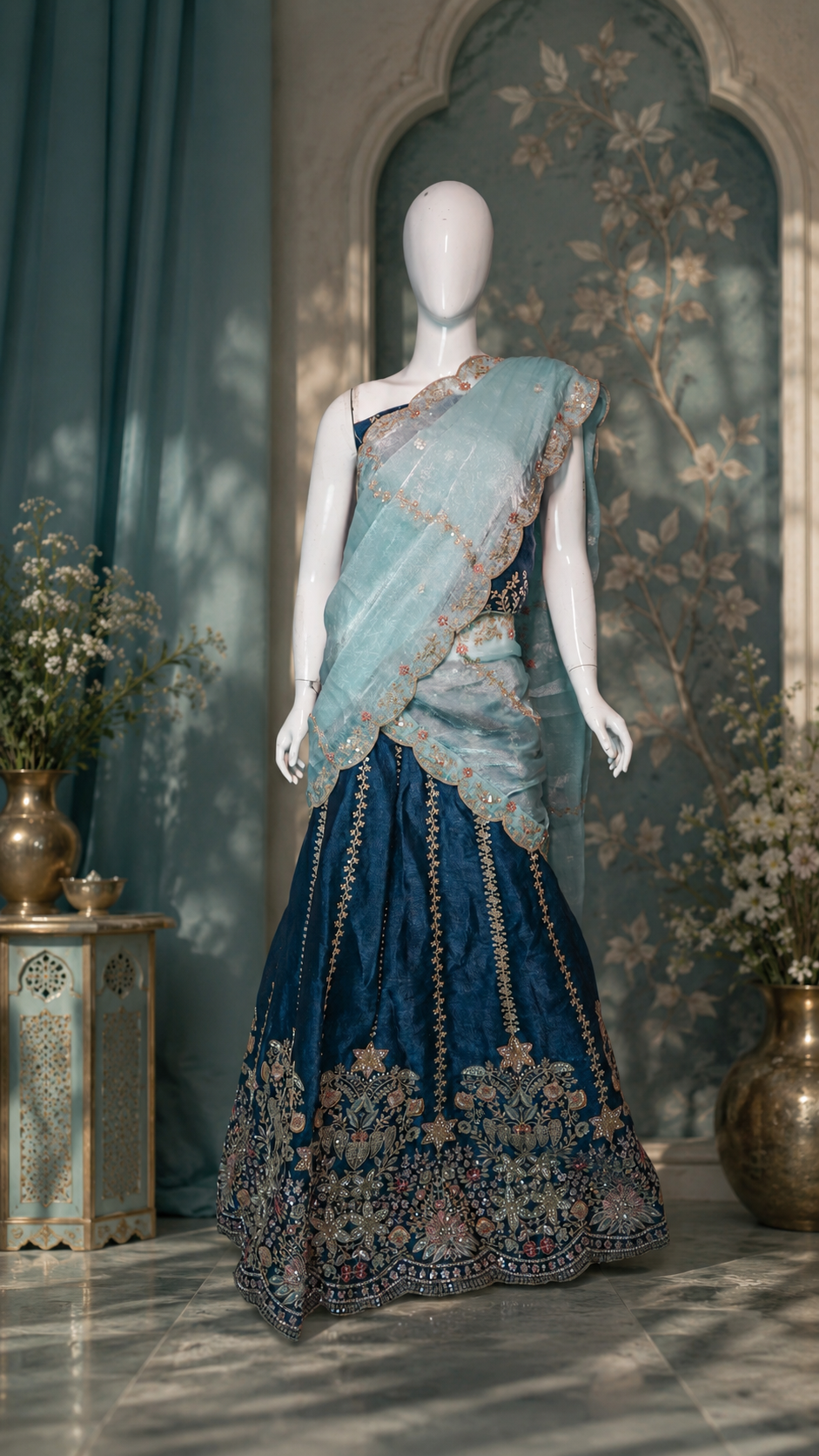 Midnight Navy Handloom Silk Bridal Lehenga with Sky Blue Organza Dupatta