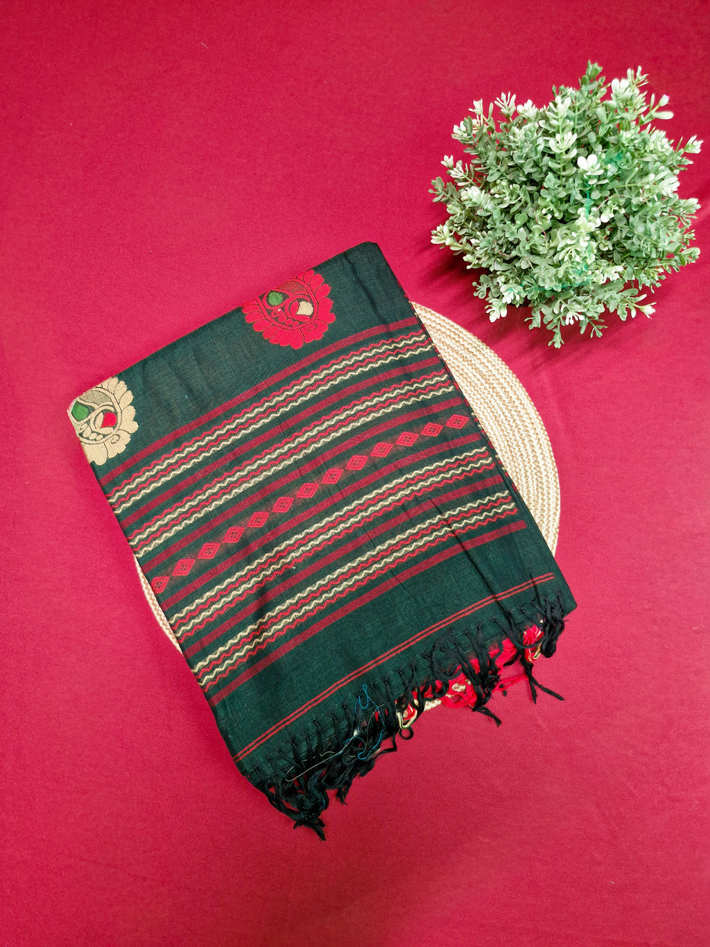 Green Pochampally Ikat Cotton Saree with Multicolour Pallu