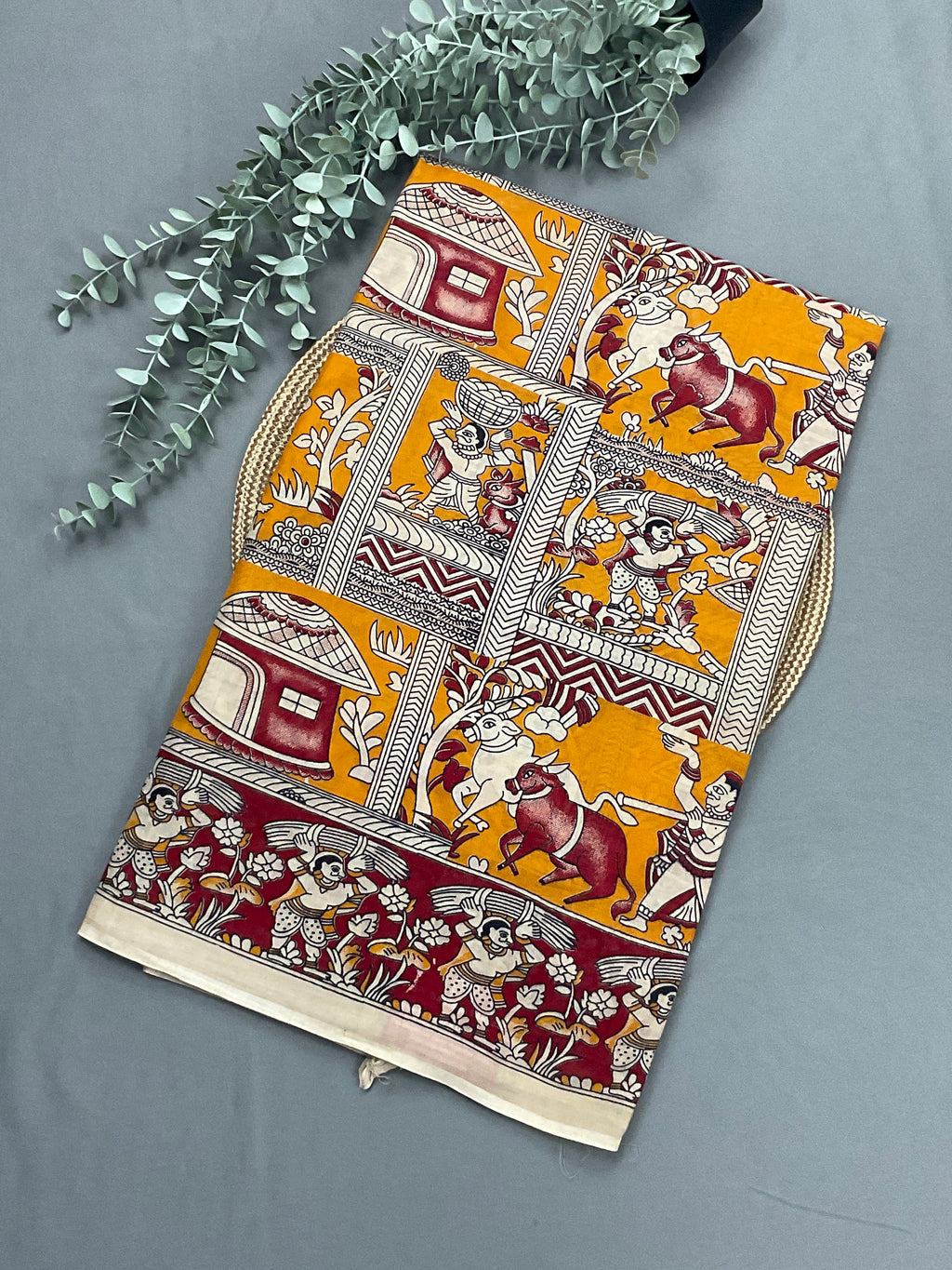 Kalamkari Hand Block Print Mul Cotton Saree – Mustard Yellow | With Blouse Piece