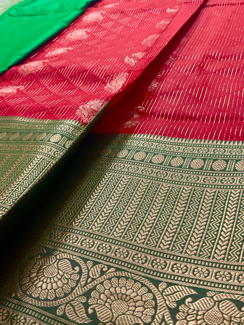 Red Kanchipuram Silk Saree – Green Heavy Border and contrast pallu  with Blouse