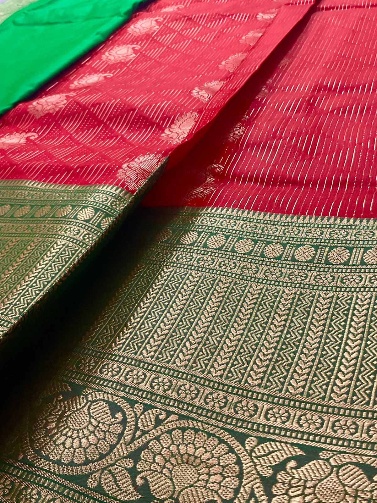 Red Kanchipuram Silk Saree – Green Heavy Border and contrast pallu  with Blouse