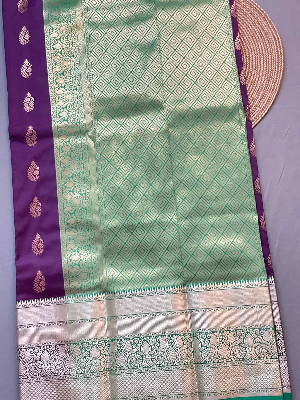 Kanchipuram Pattu Silk Saree in Purple with Contrast Pallu & Kanchi Border Blouse