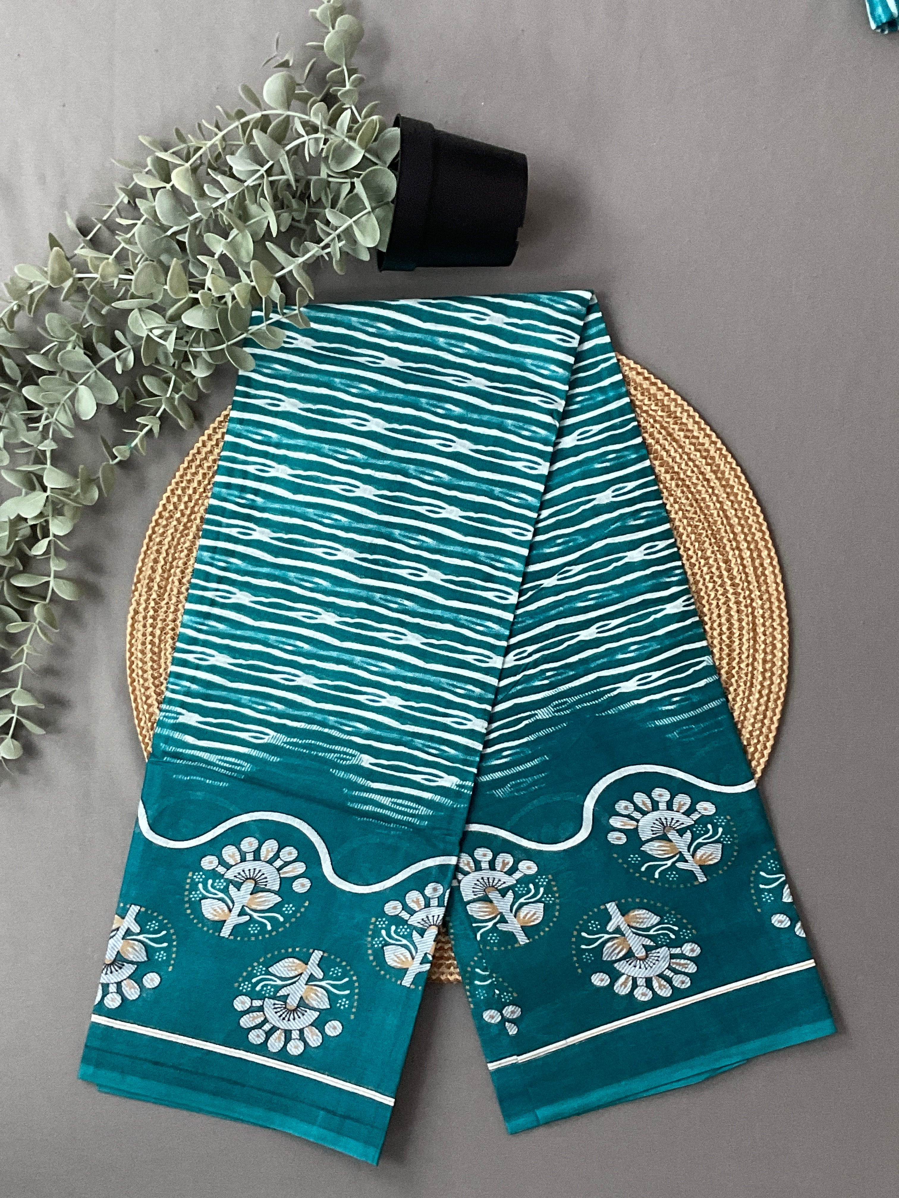 Teal Blue Block Print Cotton Dress Material