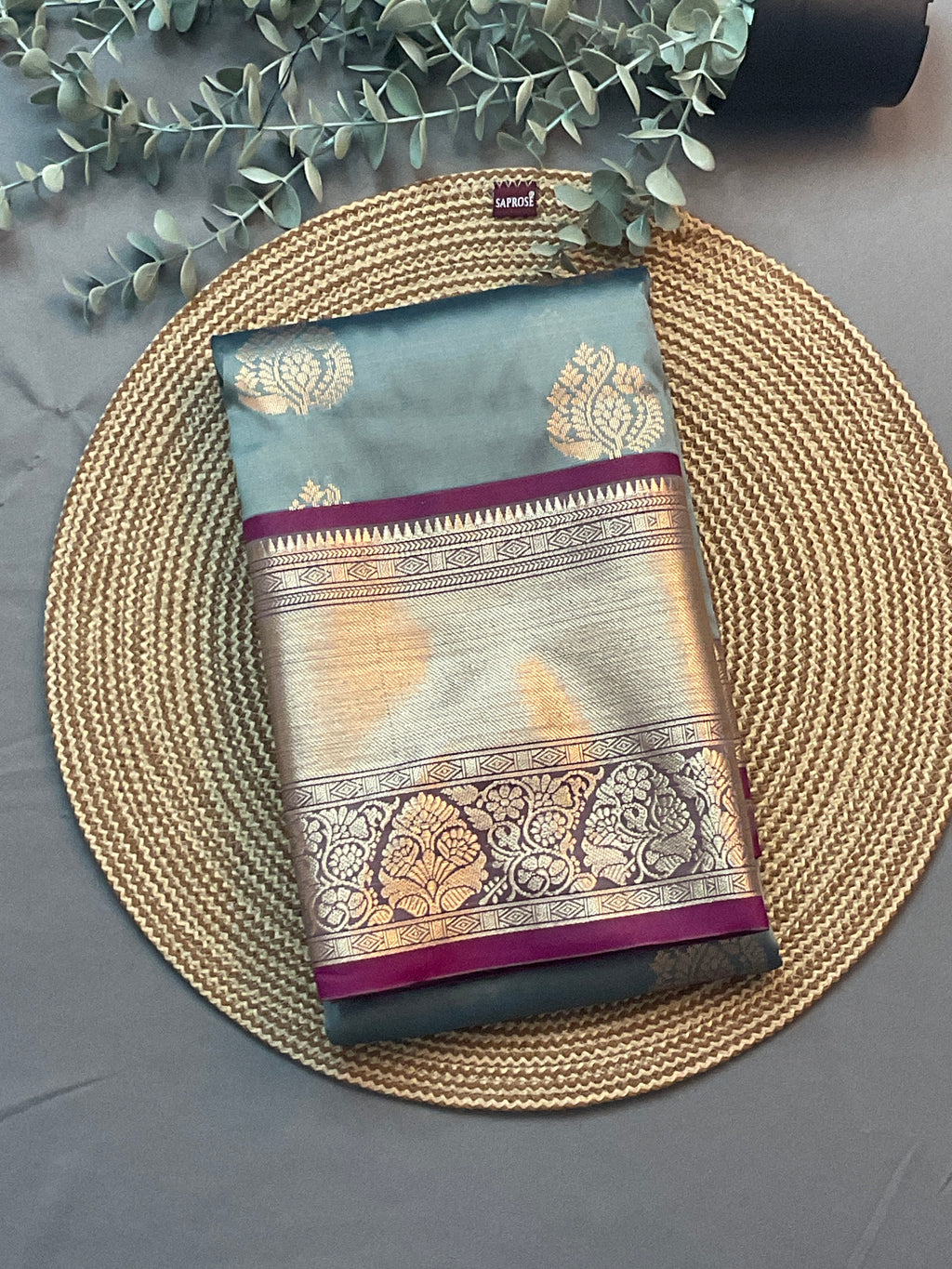Kanchipuram Pattu Silk Saree in Grey with Contrast Pallu & Kanchi Border Blouse