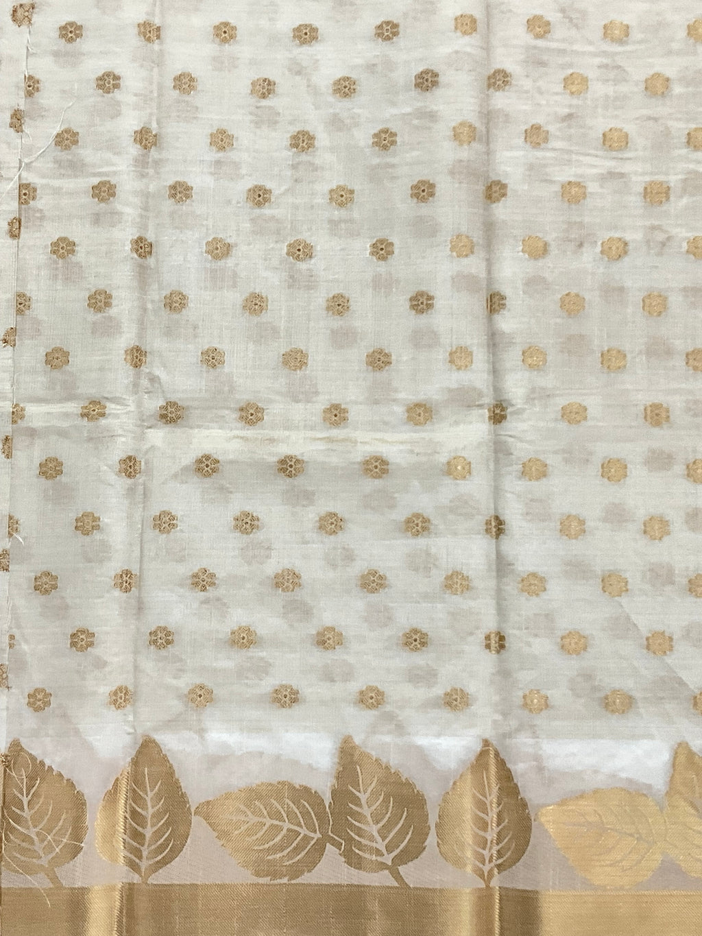 White and gold zari butti silk saree design 1