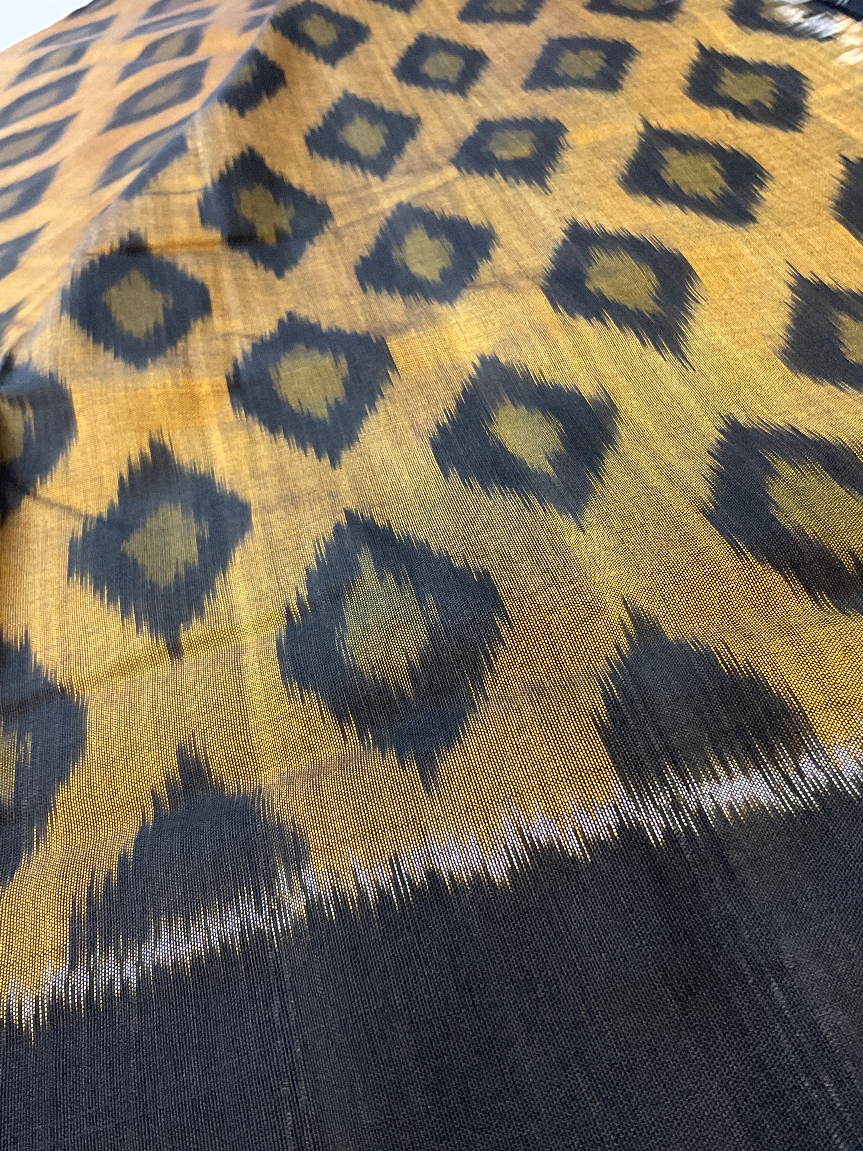 Mustard & Black Pochampally Ikat Handloom Cotton Saree with Contrast Pallu – Without Blouse