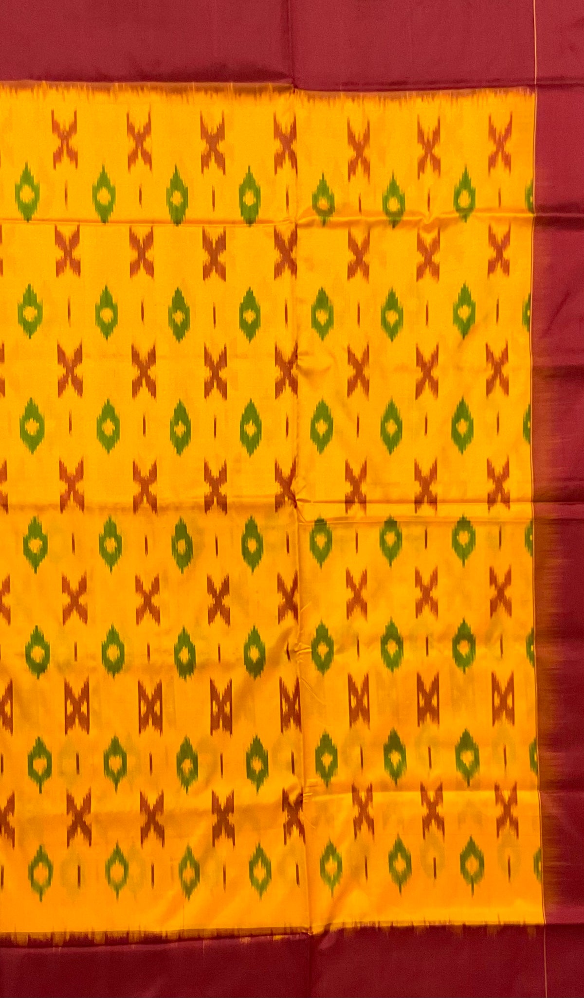 Mustard Pochampally Single Ikat Silk Saree — Red Ikat Pallu & Plain Red Border