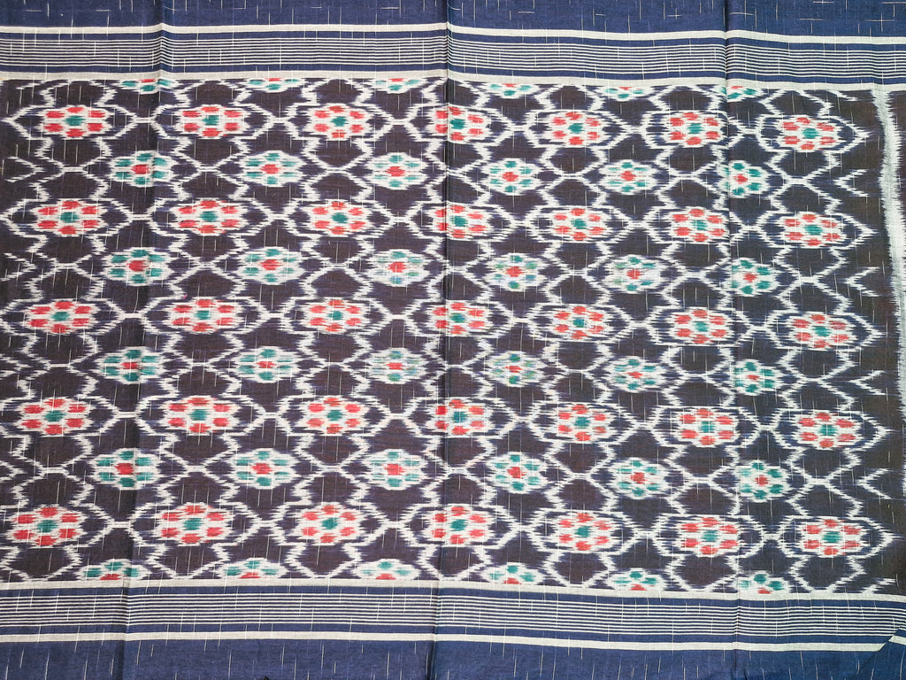 Navy Blue Pochampally Ikat Cotton Saree with Red Border