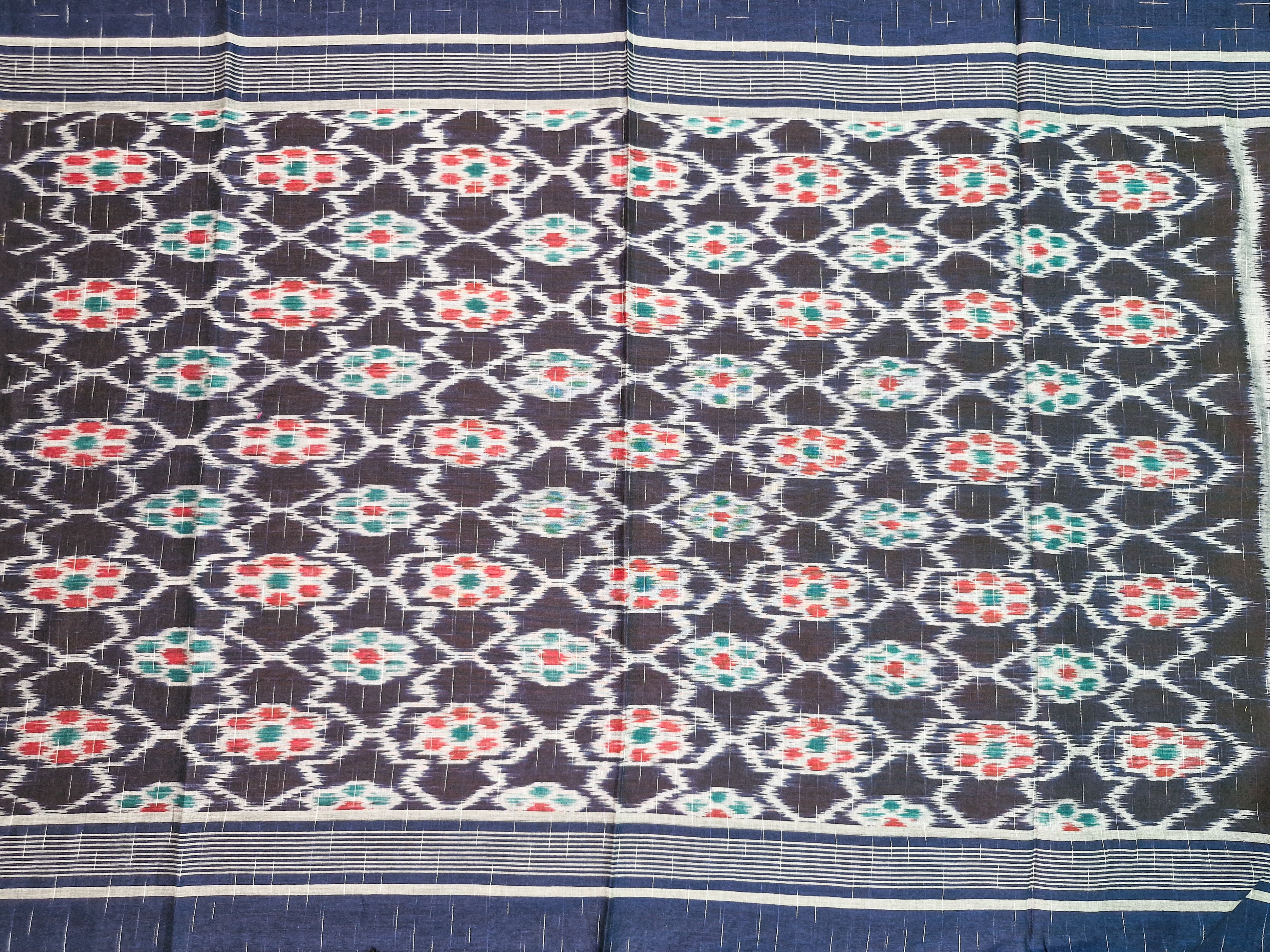 Navy Blue Pochampally Ikat Cotton Saree with Red Border