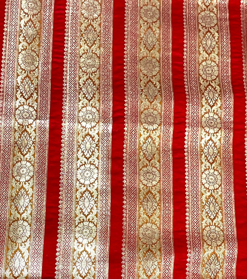Red & Mustard Banarasi Handloom Silk Fabric with Gold & Silver Zari (Per Metre)