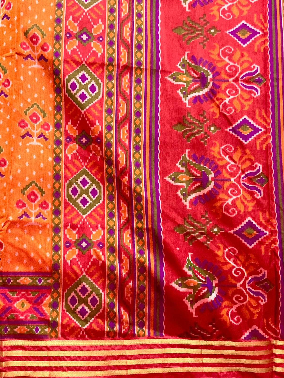 Handprinted Pochampally Patola Cotton Silk Saree in Orange with Red Patola Pallu