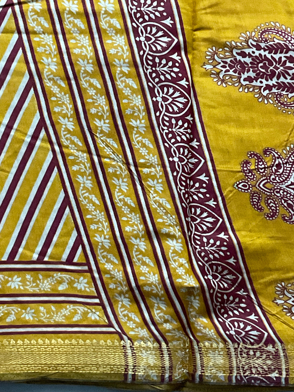 Kalamkari Leheriya Printed Soft Silk Saree in Mustard with Designer Pallu and Gold Border