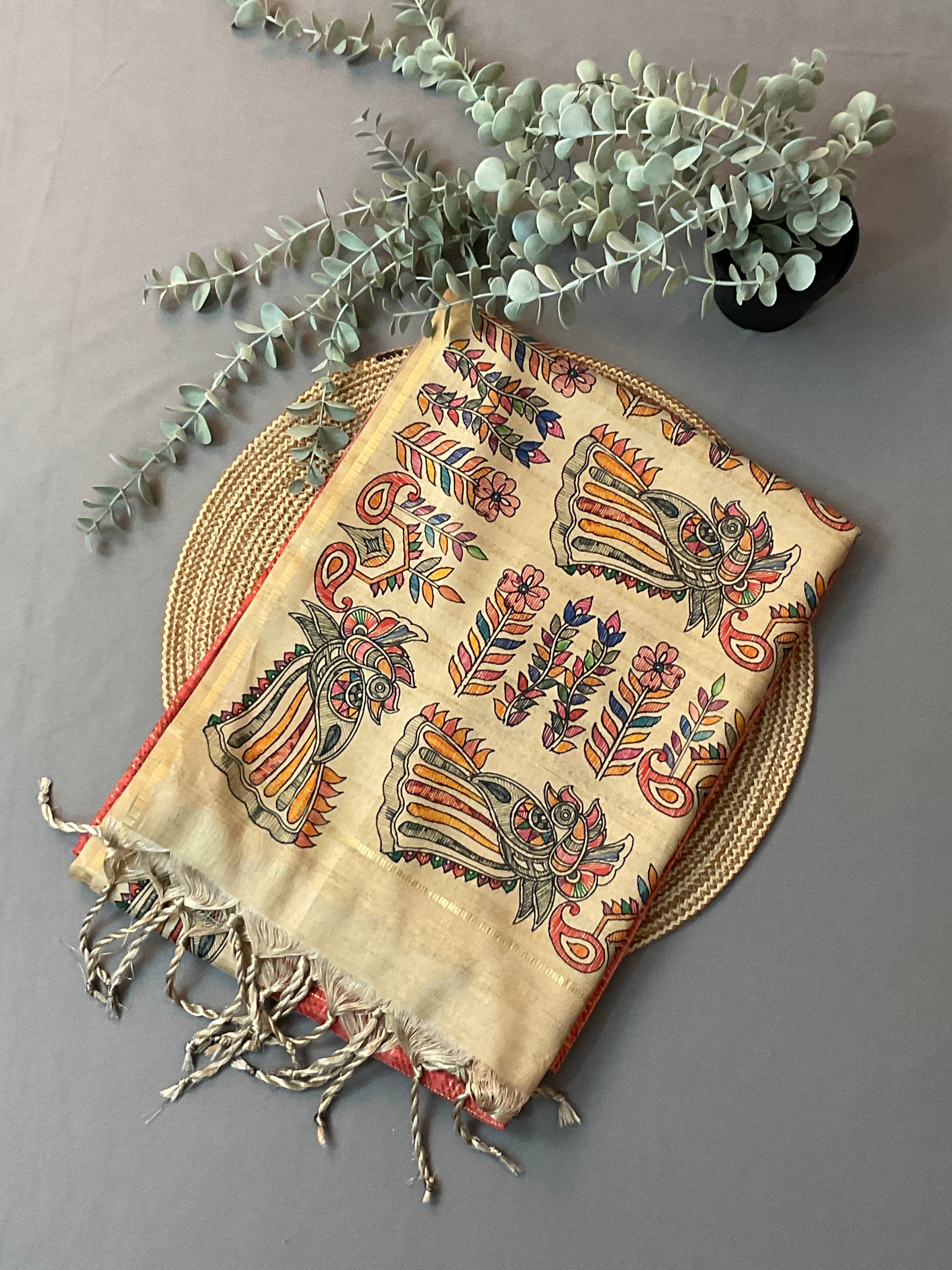 Kalamkari Hand Block Printed Handloom Silk Saree in Orange with Designer Pallu & Blouse