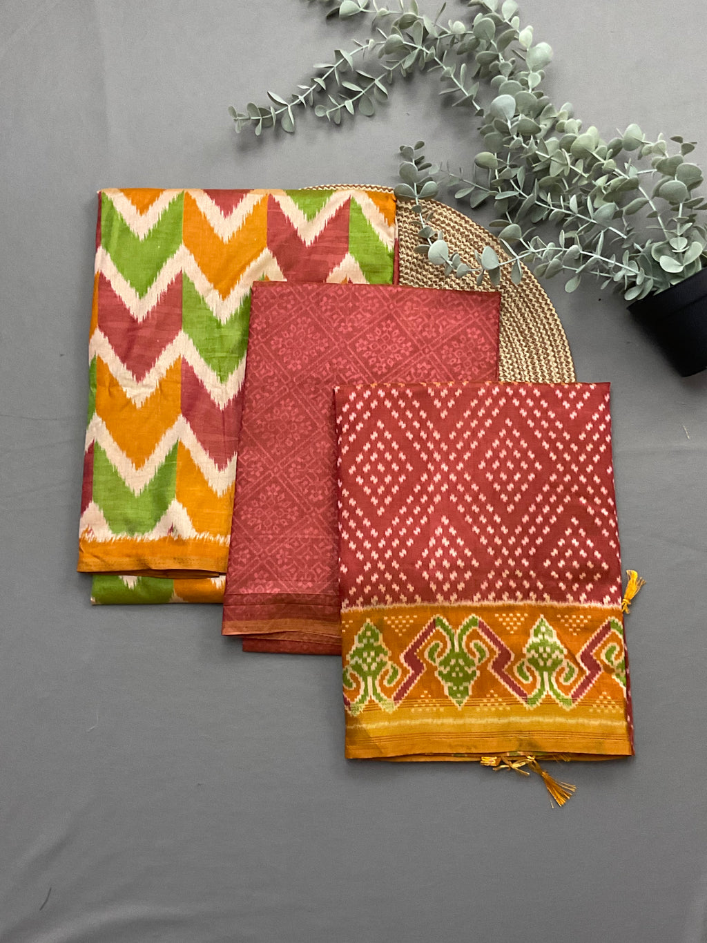 Mustard multicolour patola print soft silk dress material - full 3 piece set with designer bottom