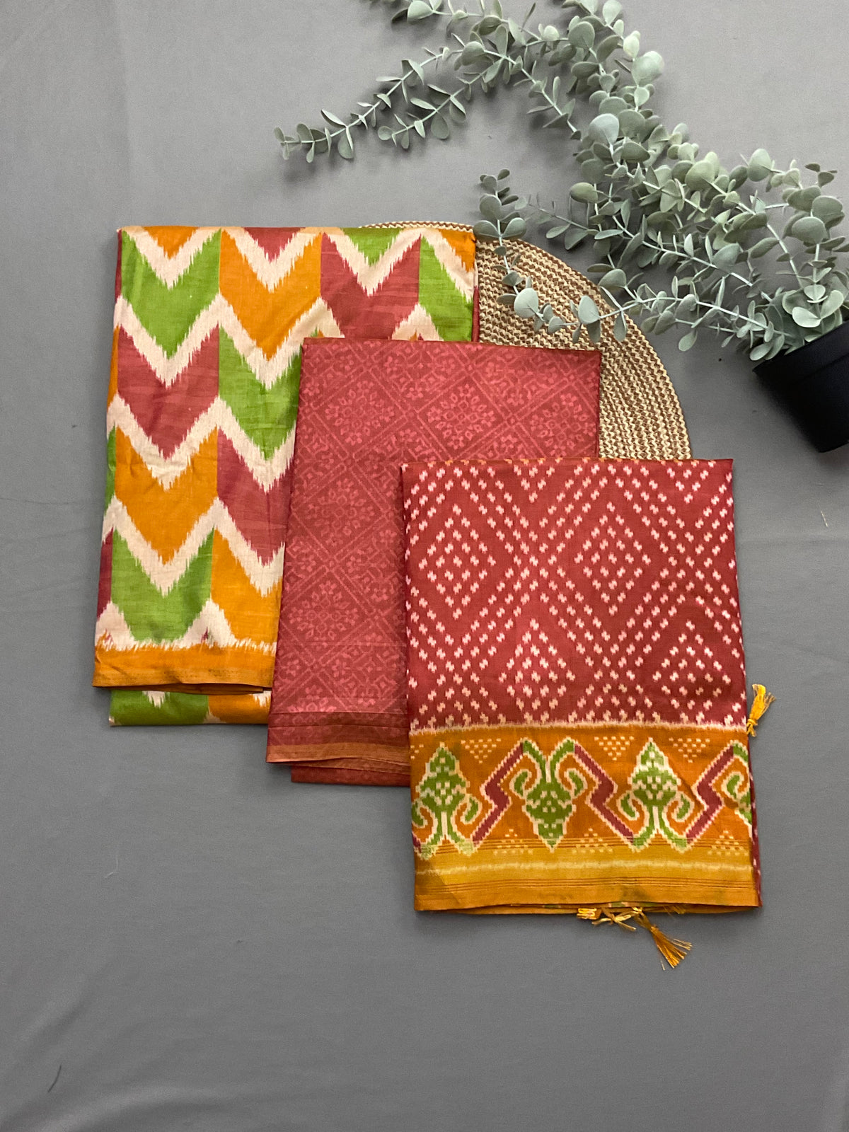 Mustard multicolour patola print soft silk dress material - full 3 piece set with designer bottom