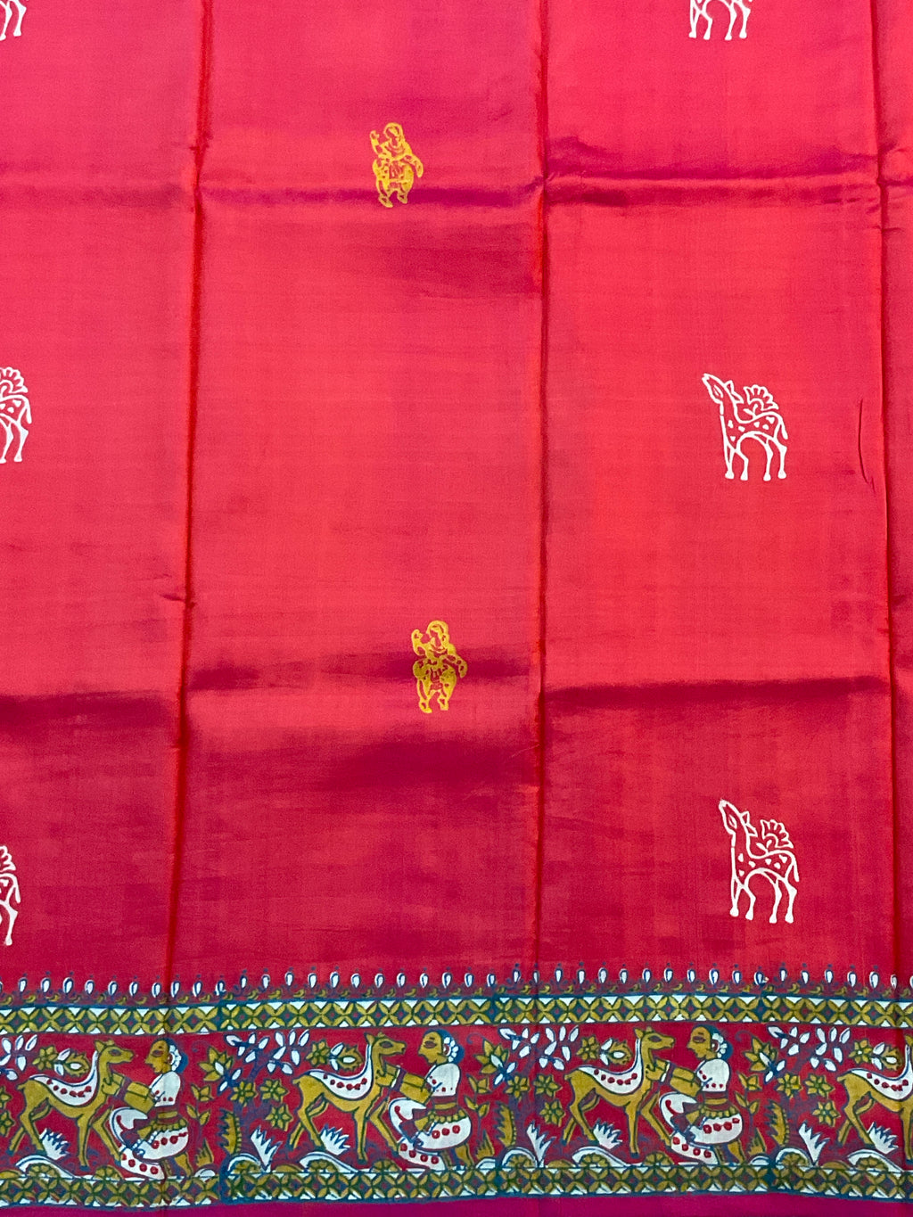 Kalamkari Hand Block Printed Pure Silk Saree in Red with Designer Pallu & Blouse