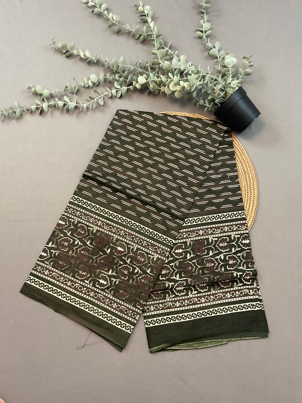Green & Brown Multicolour Pochampally Pure Cotton Printed Dress Material – Unstitched 3-Piece Suit