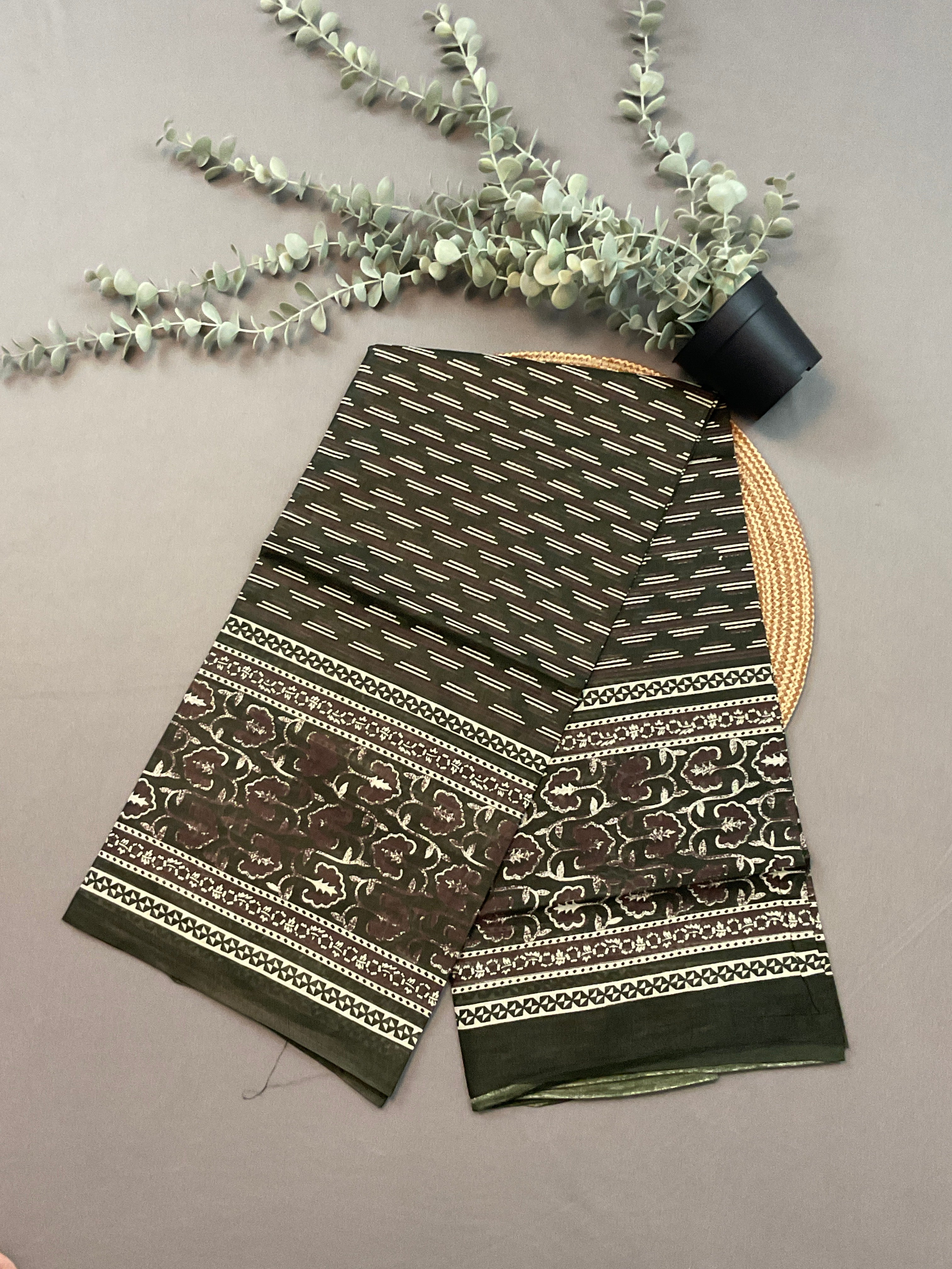 Green & Brown Multicolour Pochampally Pure Cotton Printed Dress Material – Unstitched 3-Piece Suit