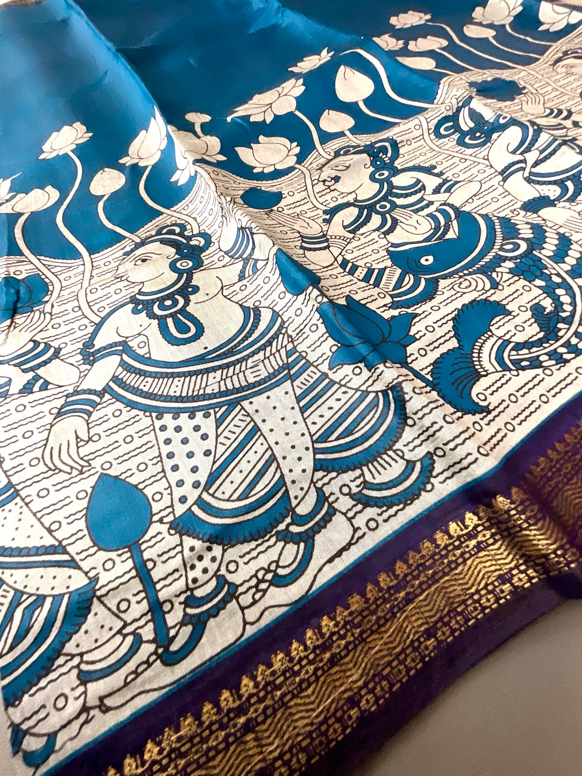 Pedana Kalamkari Hand-Block Soft Silk Saree in Royal Blue with Navy Designer Pallu & Gold Border