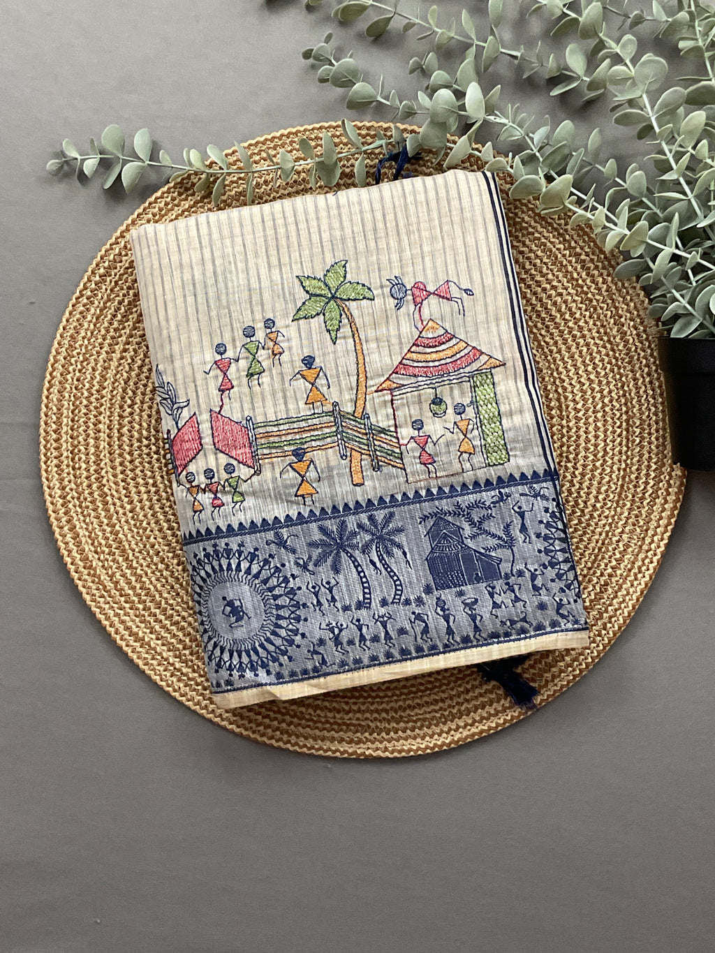 Warli Weaving Border Cotton Linen Saree in Royal Blue with Lined Pallu