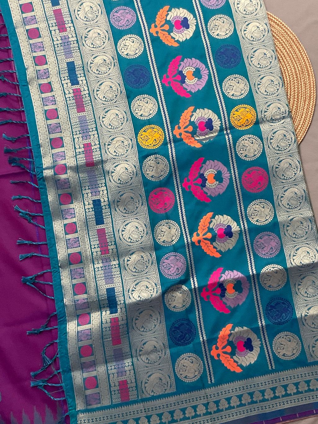 Vibrant Purple Jamdani Silk Saree with Temple Border and Blue-Green Pallu