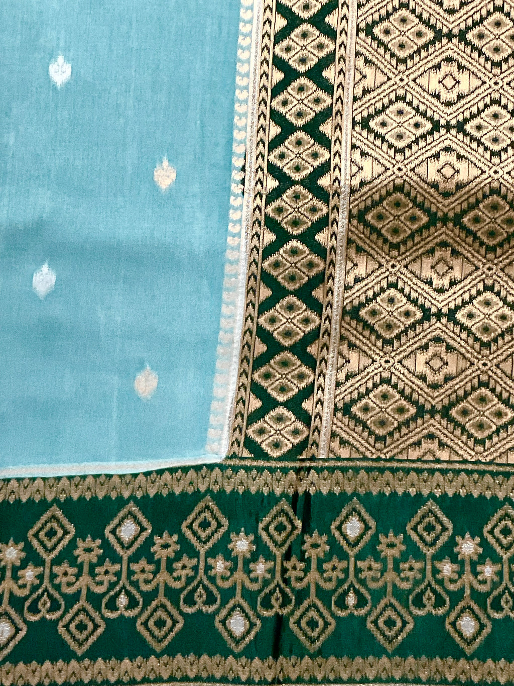 Sea Green Banarasi Handloom Silk Saree with Ikat Border — Dark Green Contrast Pallu & Designer Blouse