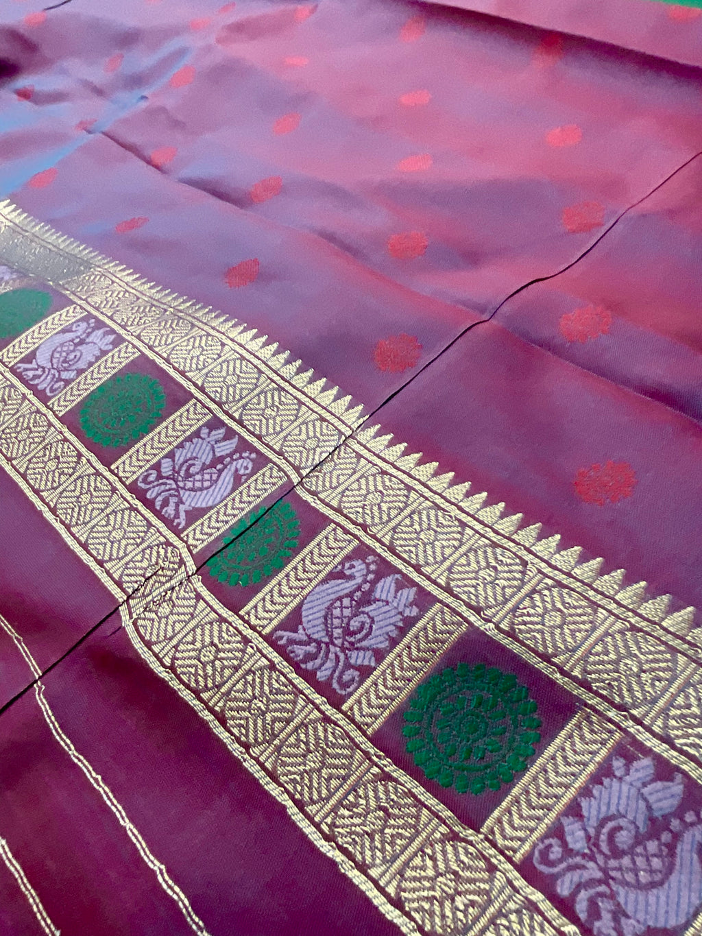 Vibrant Green Jamdani Silk Saree with Temple Border and Magenta Pallu