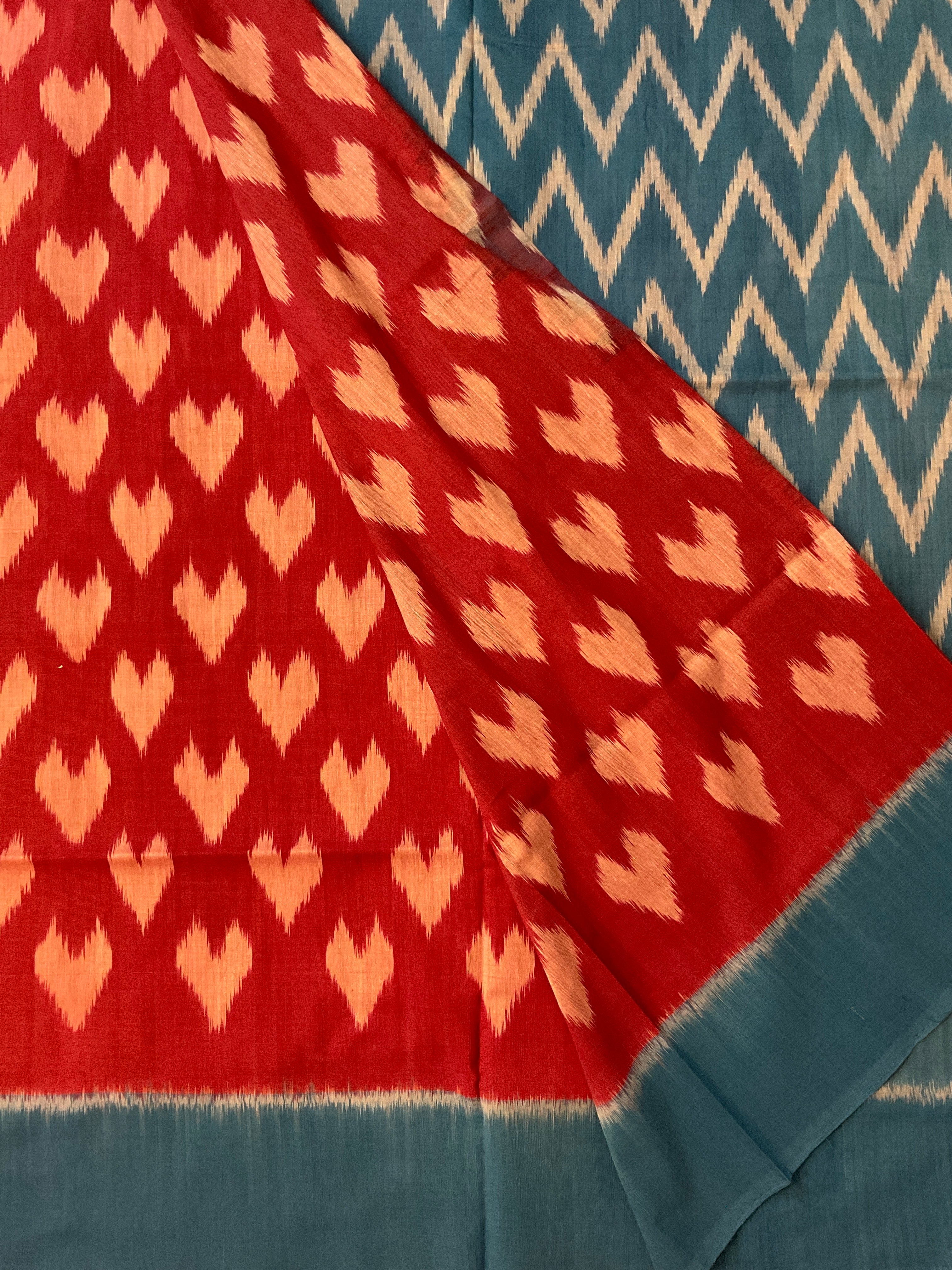 Deep Pink & Blue Pochampally Ikat Handloom Cotton Saree with Contrast Pallu – Without Blouse