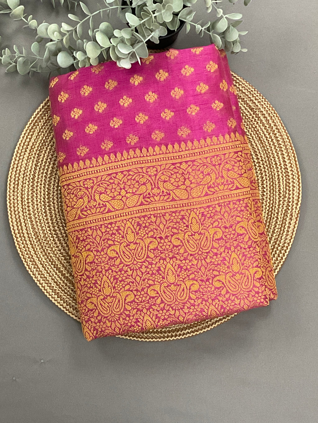 Pink handloom cotton silk saree with zari butti
