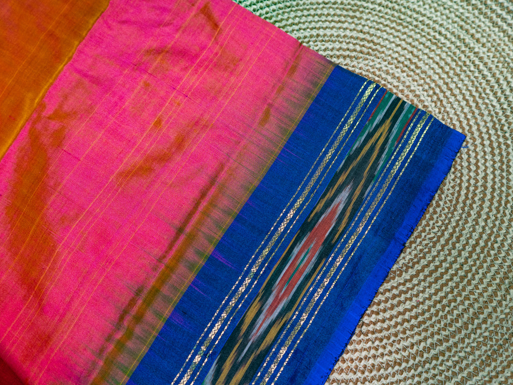 Red Pochampally Single Ikat Silk Saree — Blue Patola Border & Pallu (Without Blouse)