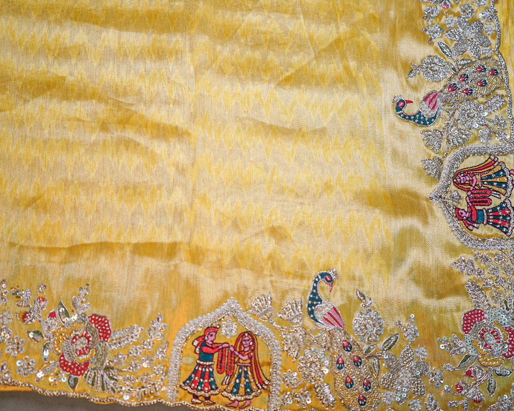 Lime Yellow Pure Silk Saree – Peacock & Radha-Krishna Figure Embroidery Designer Saree