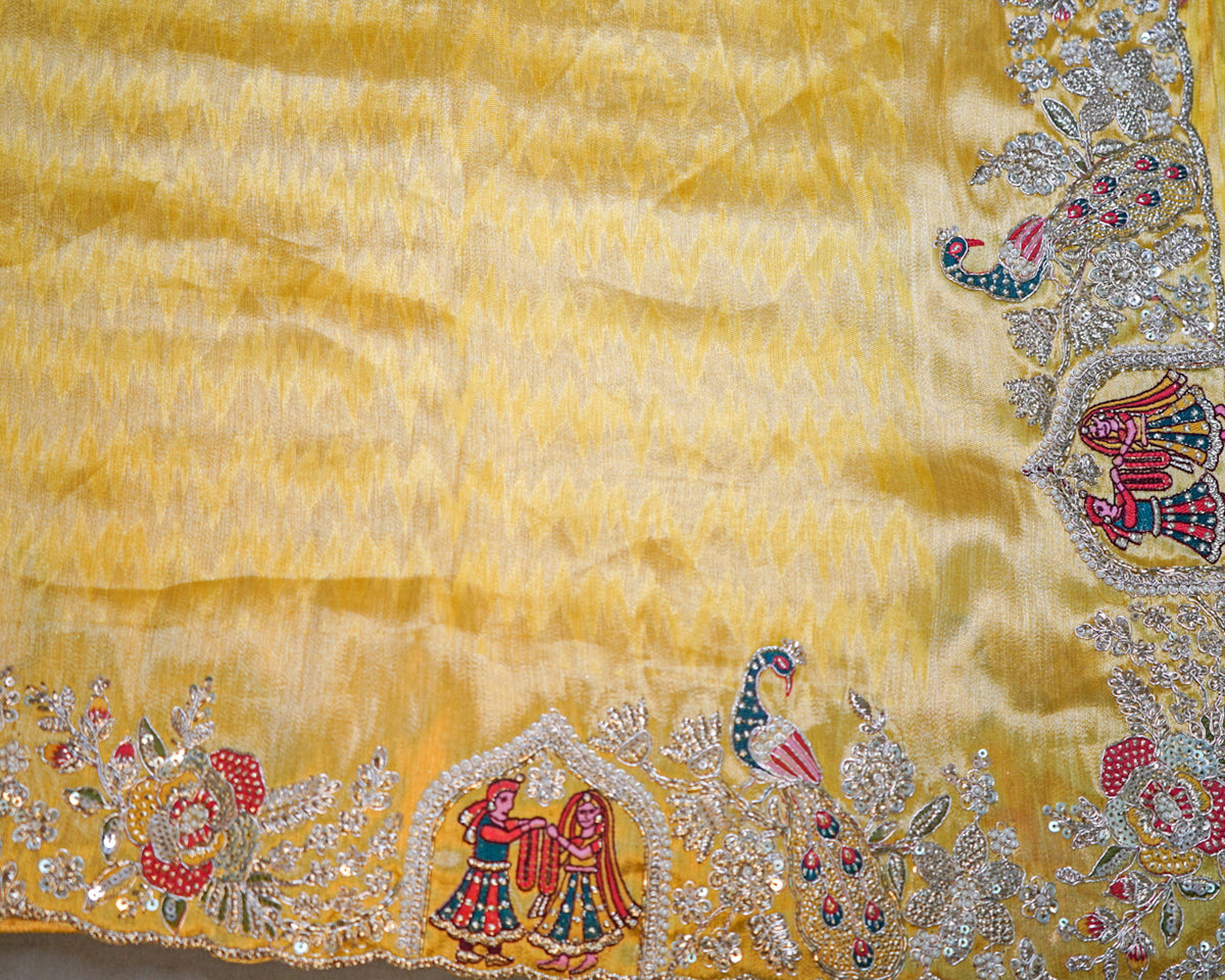 Lime Yellow Pure Silk Saree – Peacock & Radha-Krishna Figure Embroidery Designer Saree