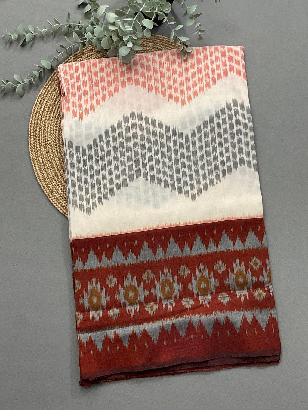 White Pochampally Handloom Cotton Saree – Ikkat Border with Brown Blouse