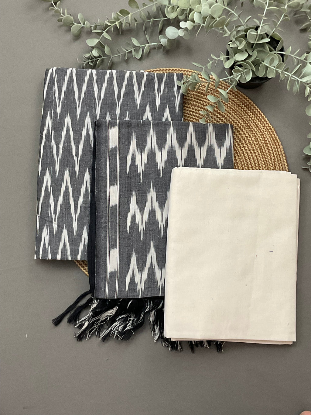Grey and white Pochampally ikat handloom cotton dress material - full unstitched 3 piece set
