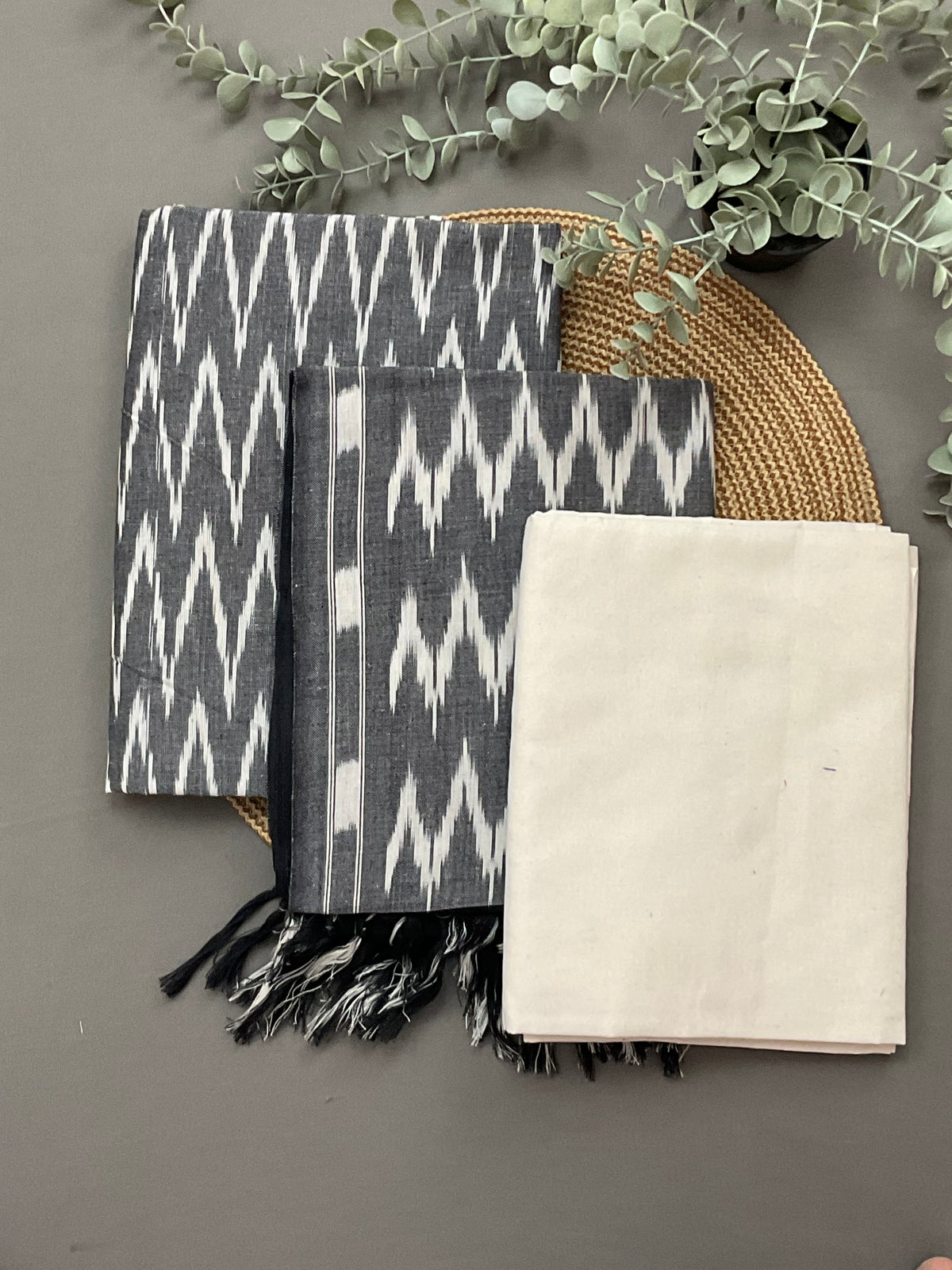 Grey and white Pochampally ikat handloom cotton dress material - full unstitched 3 piece set