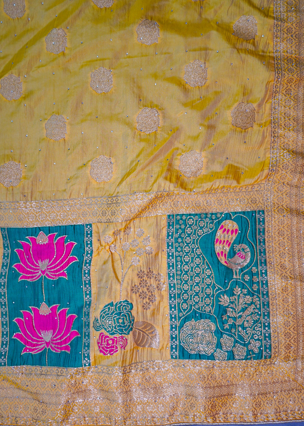 Sunshine Yellow Pattu Silk Half-Saree Lehenga with Pink Temple Border