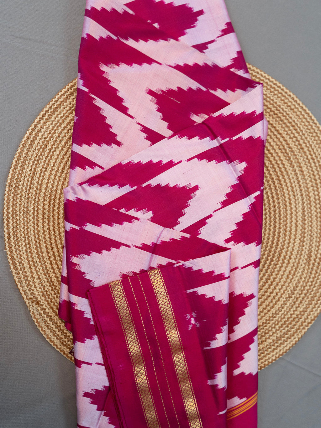 Pure Pochampally Double Ikat Silk Saree in Pink with Ikat Pallu, Golden Zari & Plain Blouse