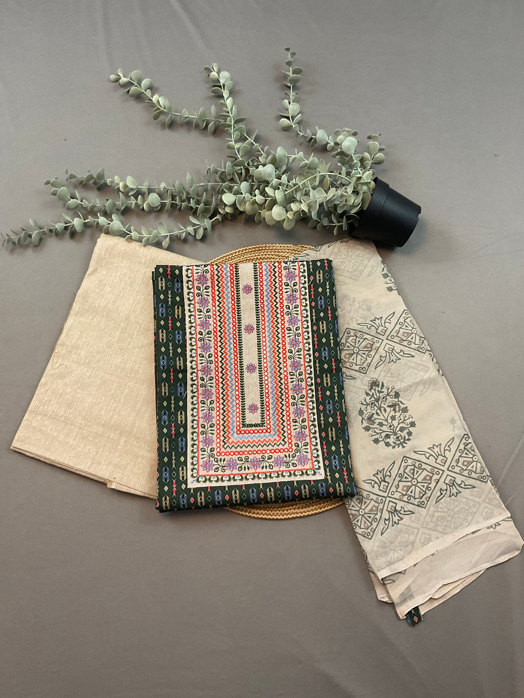 Green & White Pochampally Cotton Dress Material with Hand-Block Georgette Dupatta – Unstitched 3-Piece Suit