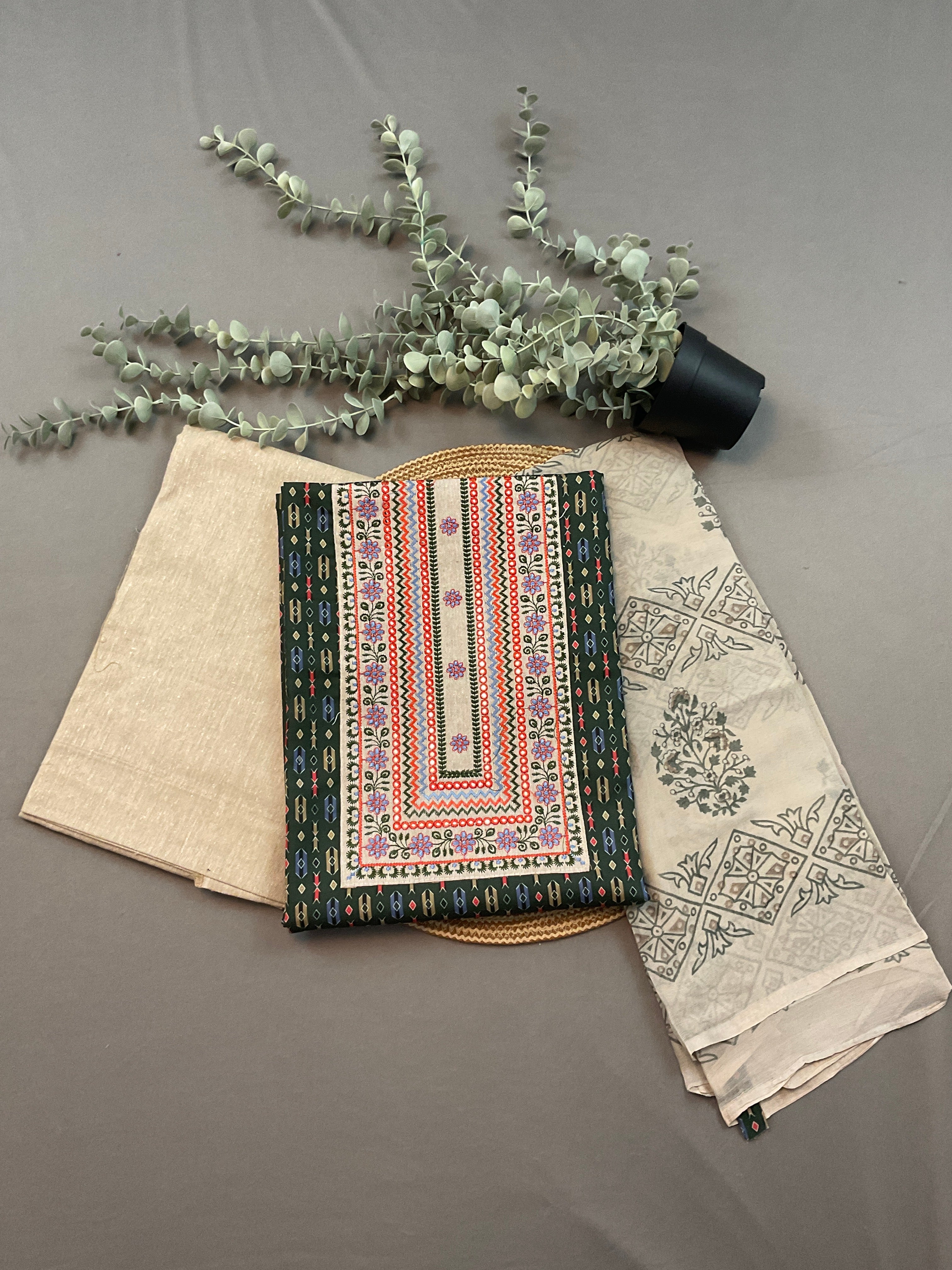 Green & White Pochampally Cotton Dress Material with Hand-Block Georgette Dupatta – Unstitched 3-Piece Suit