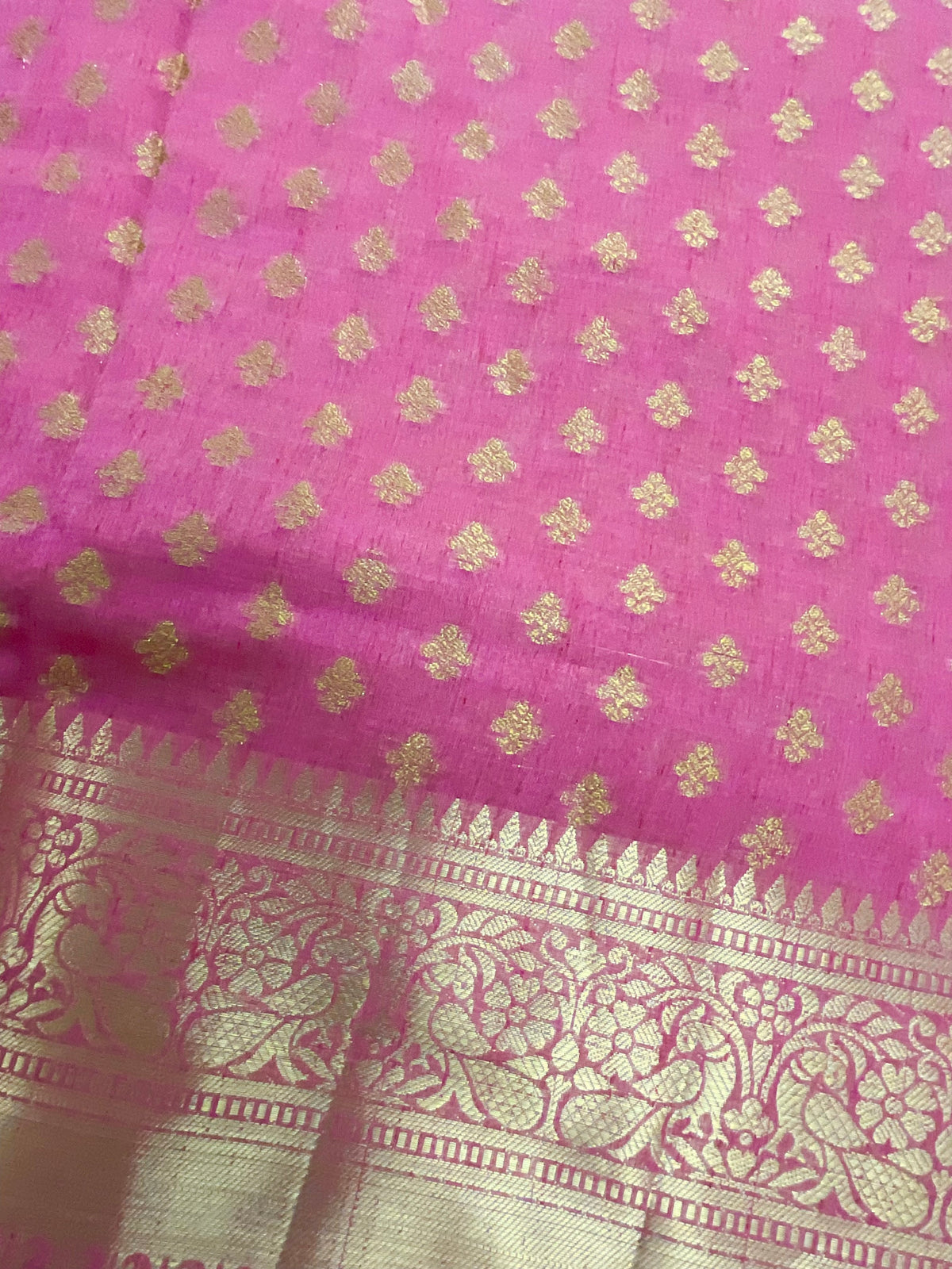 Hot pink handloom cotton silk saree with zari butti