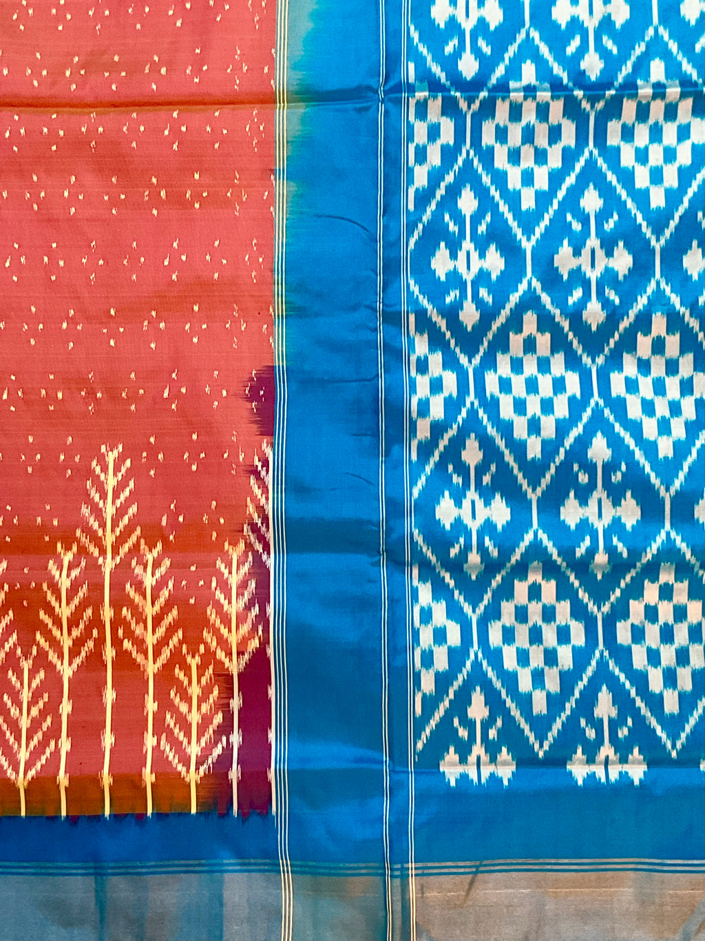 Peach Pink Pochampally Zari Silk Saree with Contrast Sky Blue Pallu & Plain Blouse
