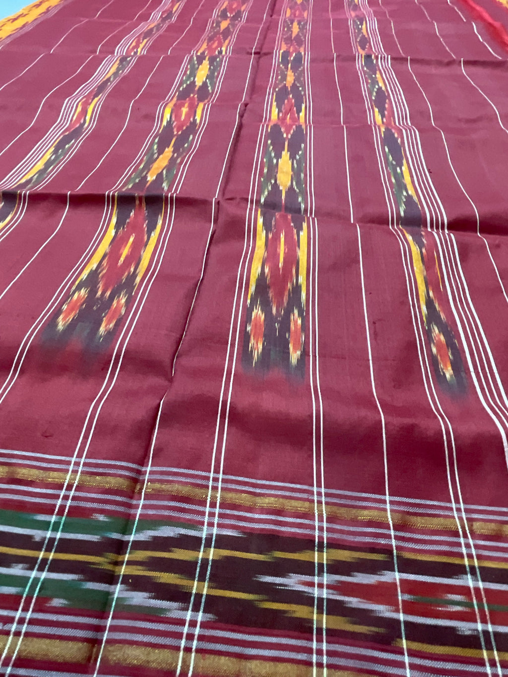 Mustard Pochampally Single Ikat Silk Saree — Red Patola Border & Pallu