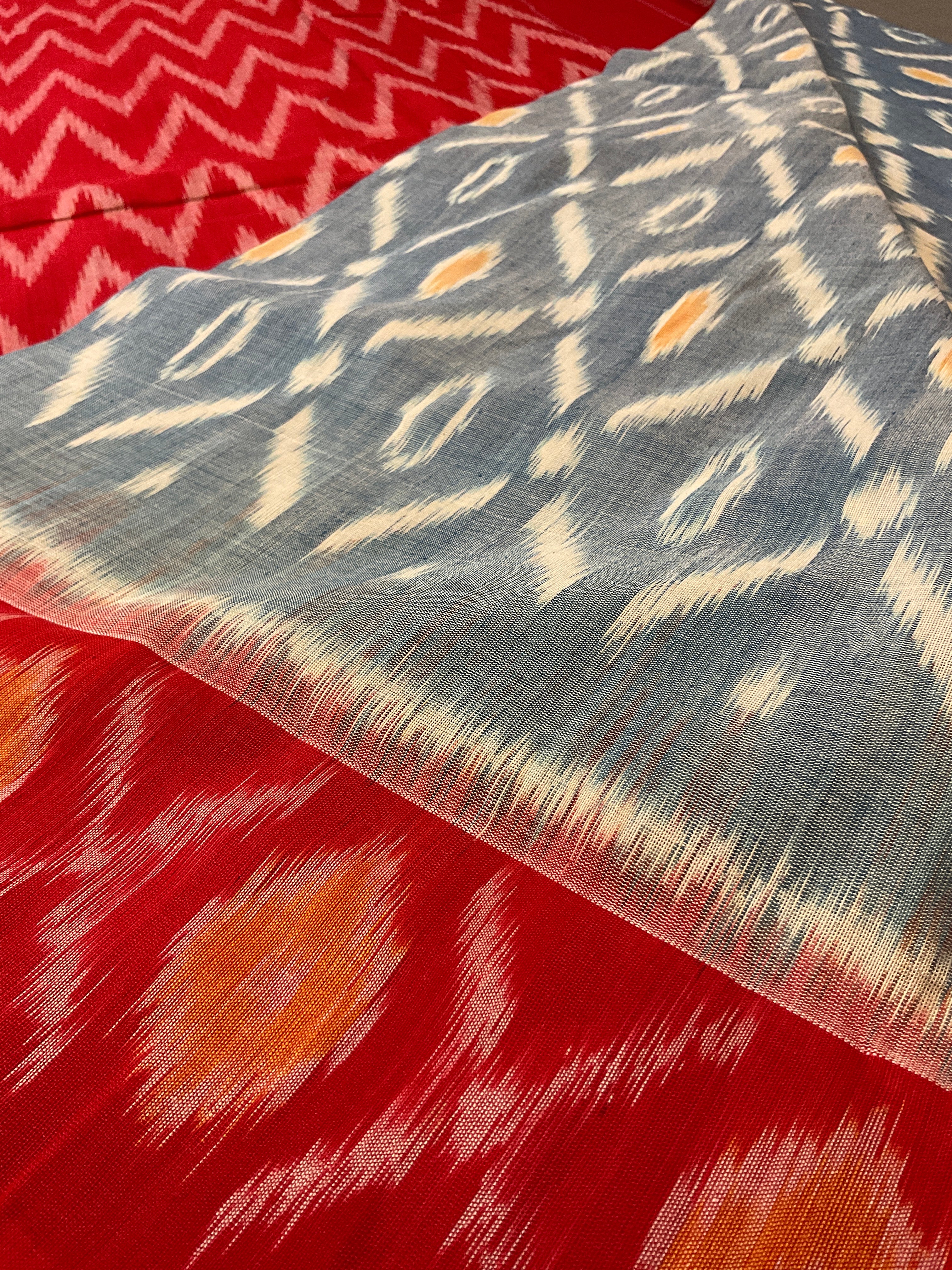 Light Blue & Red Pochampally Ikat Handloom Cotton Saree with Contrast Pallu – Without Blouse