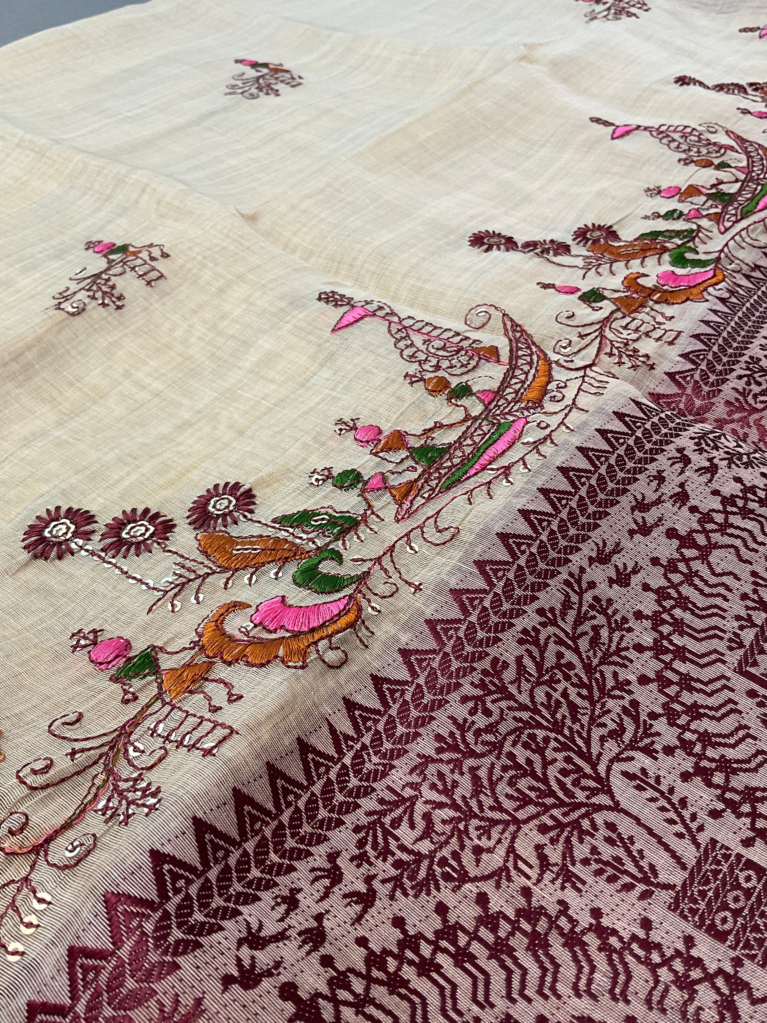 Kalamkari Hand Embroidery Cotton-Linen Saree – Off-White with Maroon Vareli Embroidery & Blouse
