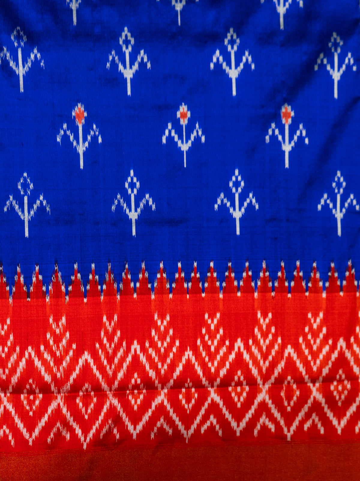 Royal Blue Pochampally Double Ikat Pure Silk Saree — Red Ikat Border & Pallu, Red Zari Blouse