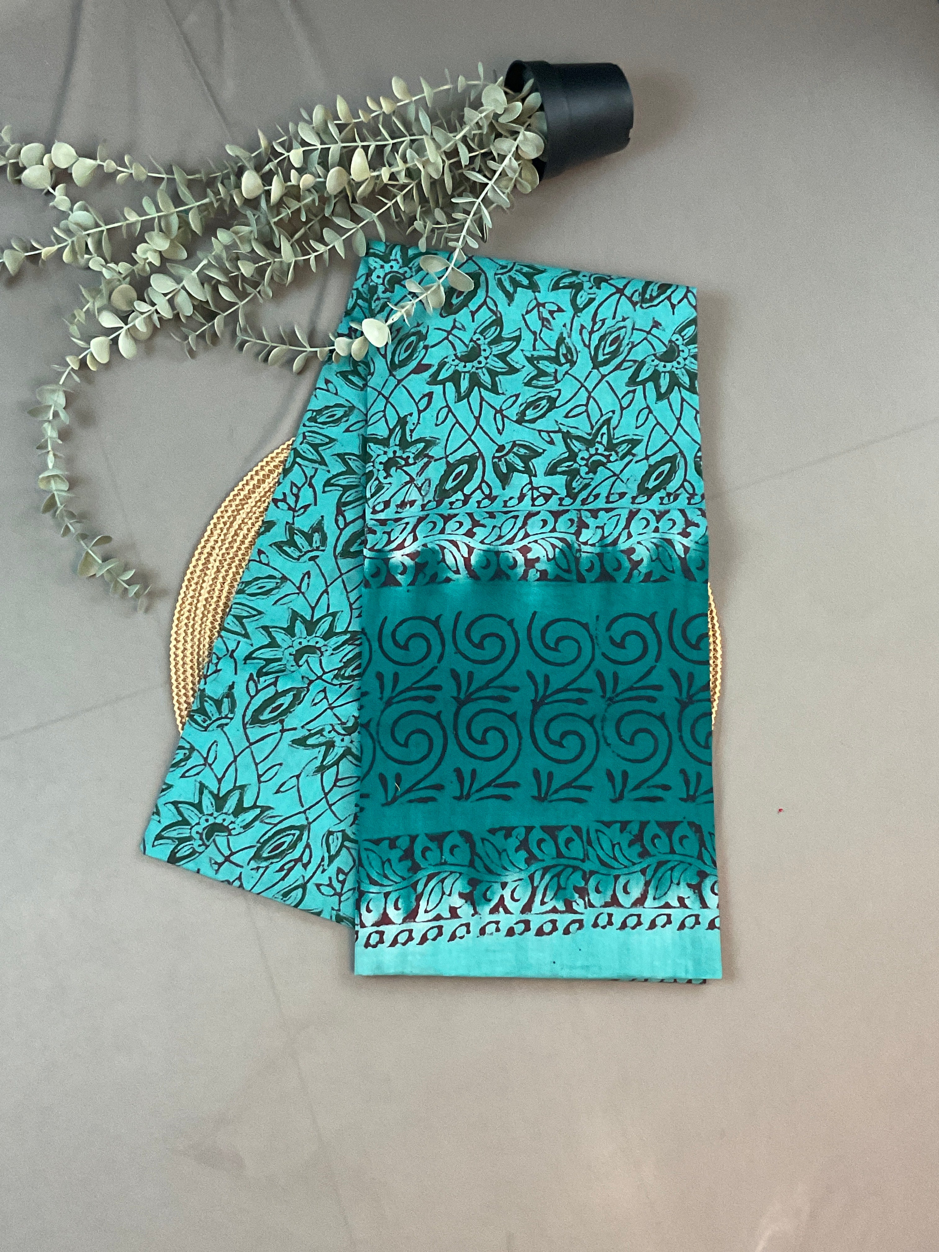 Blue Green Block Print Dress Material